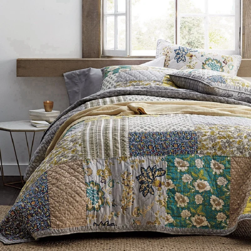 CHAUSUB Handmade Patchwork Quilt Set 3PCS 100% Cotton Quilted Bedspread American Floral Bed Cover Quilts King Size Coverlet Set