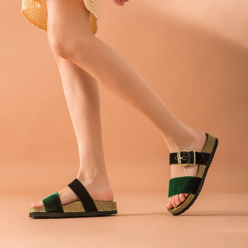 BeauToday/летние тапочки; Лидирующий бренд; вельвет с пряжкой; украшение в римском стиле; плоский каблук; уличная женская обувь; ручная работа; 34013