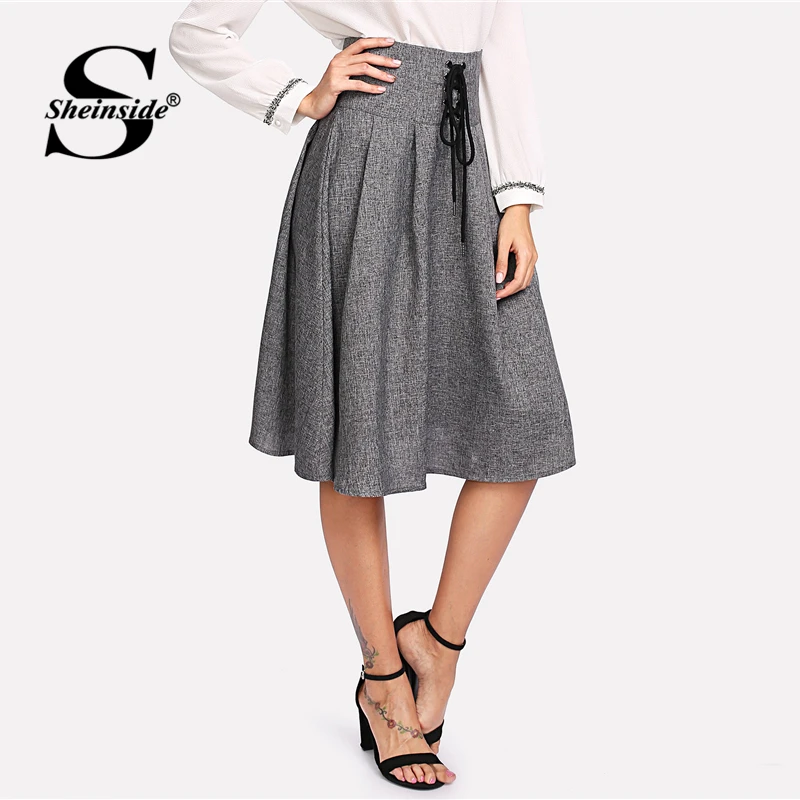 

Sheinside Grey High Waist Elegant Skirt Office Ladies Workwear Pleated Lace Up Zipper A Line Women Autumn Midi Skirt