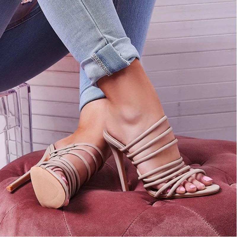 

2019 Style Summer Women 11.5cm High Heels Mules Shales Hollow Slides Female Open Toe Stiletto Heels Slippers Sexy Fashion Shoes