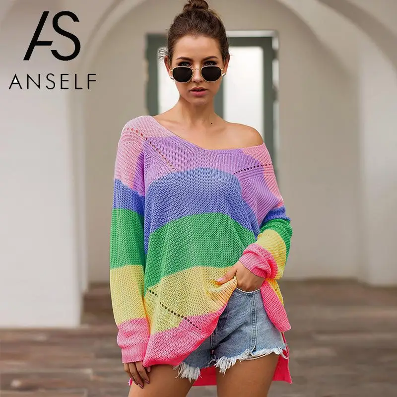 

Rainbow Sweater Women Multicolor Colorful Striped Pullovers Dropped Shoulder Splits Hollow Out Long Sleeve Jumper Knitted Tunics