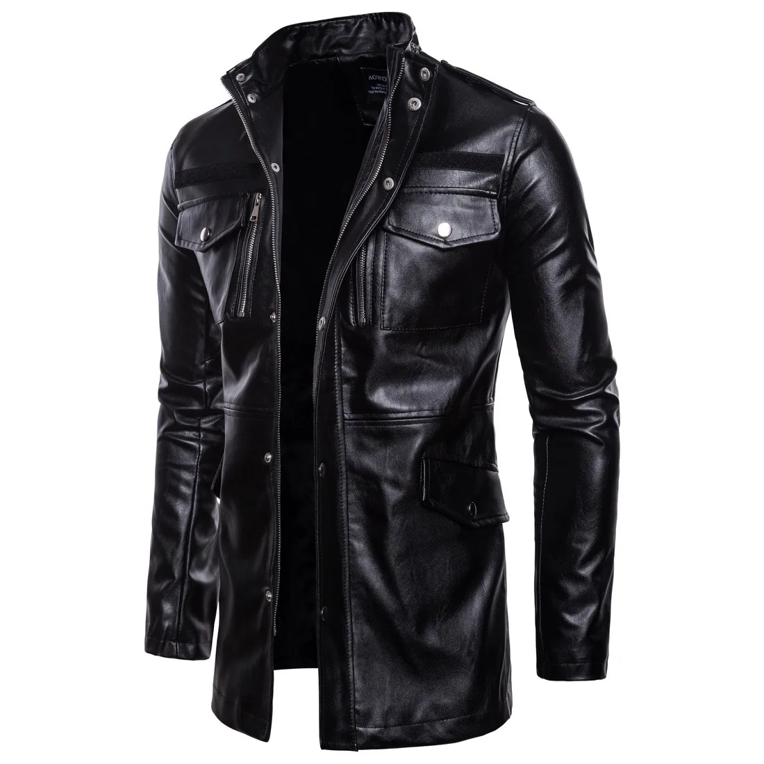 Высококачественная кожаная мужская куртка Новая модная черная стоячий воротник Мужская Повседневная удлиненная мотоциклетная куртка из искусственной кожи