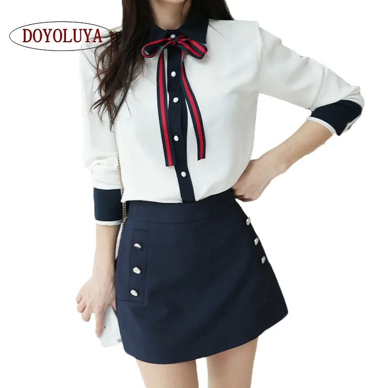 

[DOYOLUYA] British Style Uniform Woman Girl College Style Cotton Button Bot Tie Blouse With Blue Slim A-line Mini Skirt Set Suit