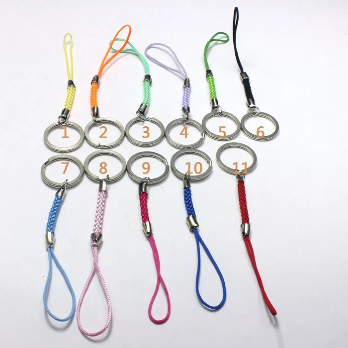 Colorful Braided Mobile Phone/Cellphone Straps/Strings With 25mm Rhodium Tone Key Chain Double Loops Jump Rings diy Accessories