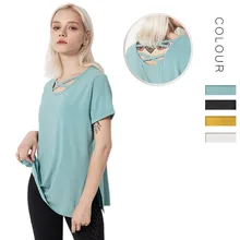 Женский свободный однотонный спортивный топ, дышащая одежда для фитнеса и йоги, с разрезом на талии, Корейская футболка с короткими рукавами, топ для йоги, 95% хлопок