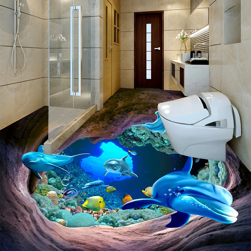 Custom 3D Floor Wallpaper Waterproof For Bathroom Undersea Cave Dolphin