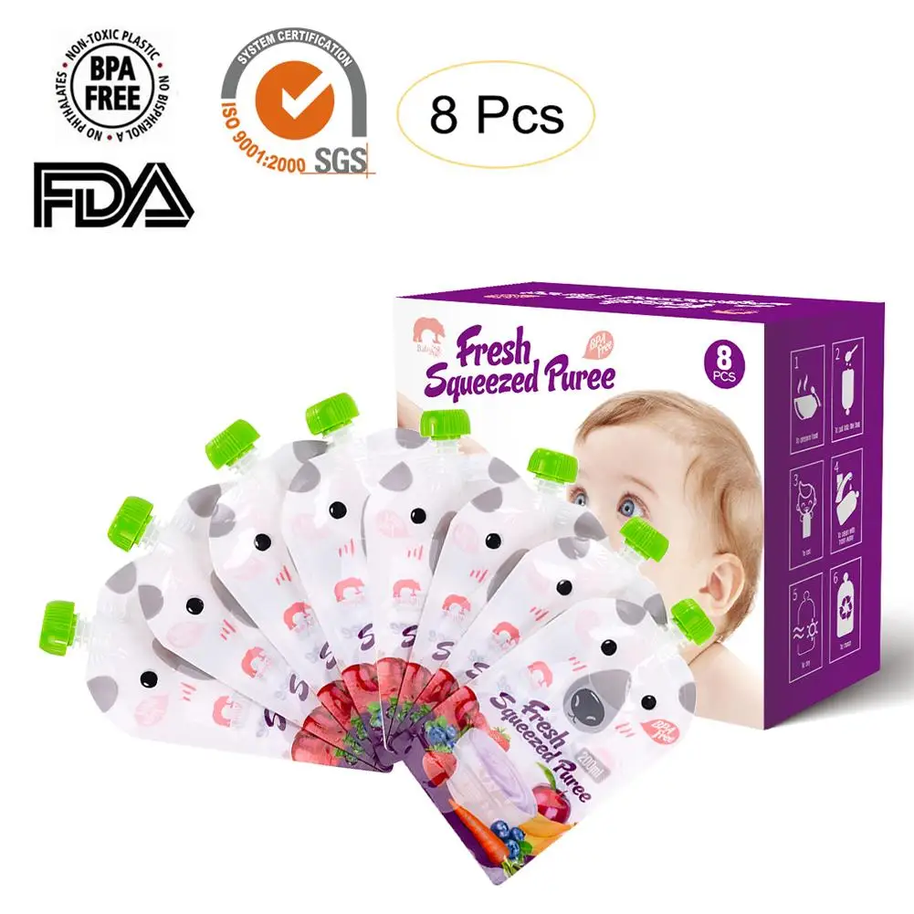 

8pcs Reusable Squeeze Sealed Baby Food Pouch Storage Bag 200ml Breast Milk Bag Double Zipper Feeding Bags BPA-Free For INFANT