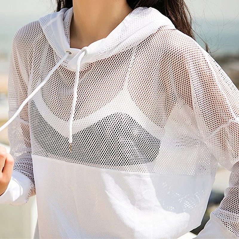 

Blesskiss Mesh Yoga Top Sport Shirt Fitness Women Summer Hooded Long Sleeve Sports Wear For Ladies Workout Gym T Shirt