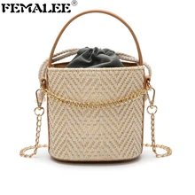 FEMALEE Drawstring Crossbody Bucket Bag Cylindrical Beach Totes Bag Women Summer Woven Straw Shoulder Handbags Female Korean Bag ins fashion women chains shoulder bag clear totes round handle drawstring bucket bag female handbags transparent composite bag