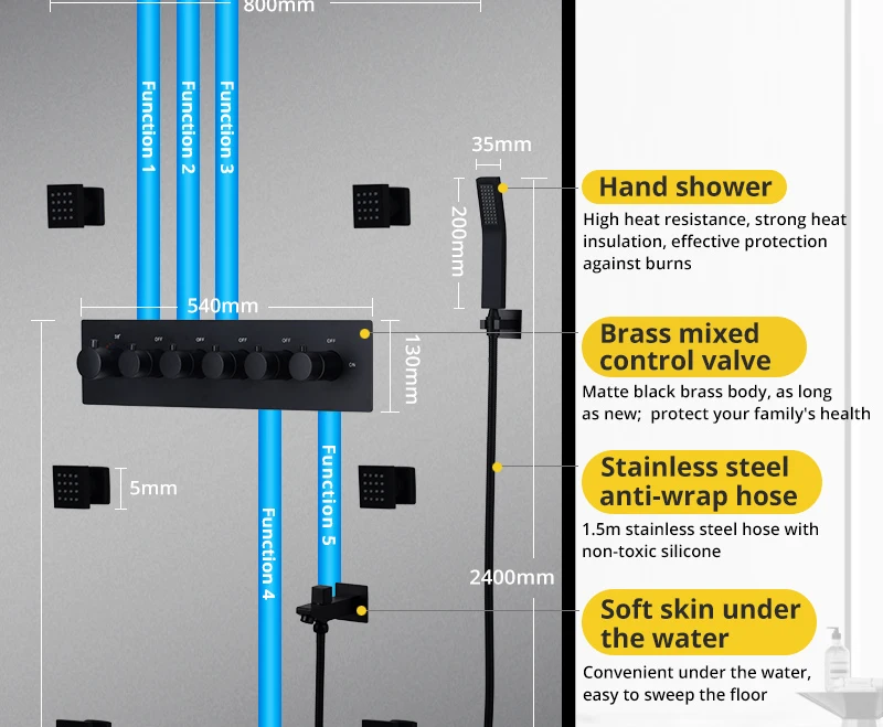 Multi-Function Shower Set Led Remote Control Light Black Brass Shower System (25)