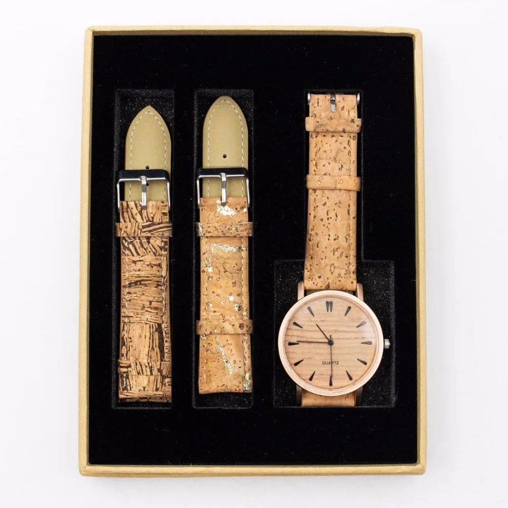 

Cork watch for lady with natural/gold/strip strap in box WA-108-BOX