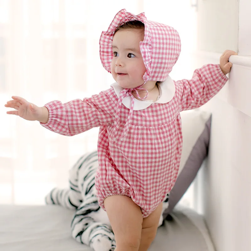 Baby Summer Clothing Set Pink Plaid 2018 Infant Romper Cotton Peter Pan Collar Baby Romper Long Sleeve Newborn Clothes