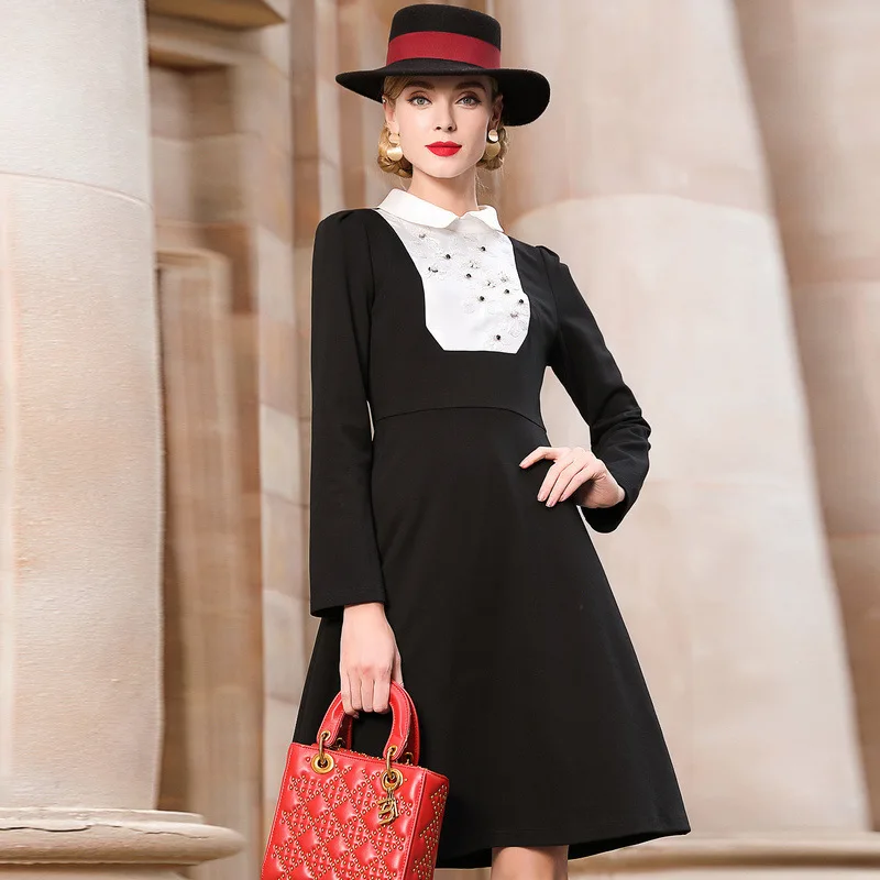 OUYALIN L-5XL плюс размер зимнее платье женское с длинным рукавом Питер Пэн воротник А-силуэт элегантные офисные женские черные платья - Цвет: Черный