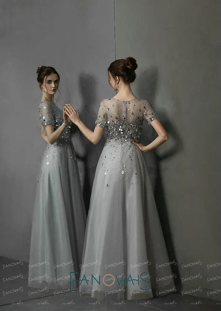 Серое элитное вечернее платье, украшенное бусинами, с короткими рукавами, элегантные вечерние платья, вечерние платья, длинные платья, Vestido