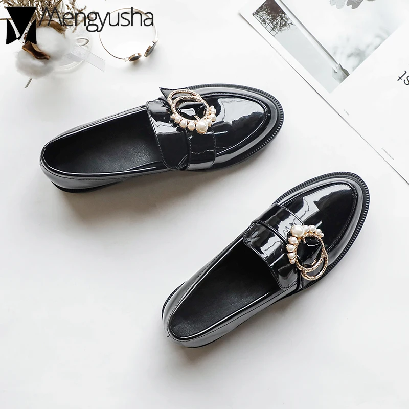 

British Derbies shoes women crystal buckle belt work oxfords ol pearl bead small leather shoes black loafers slip on espadrilles