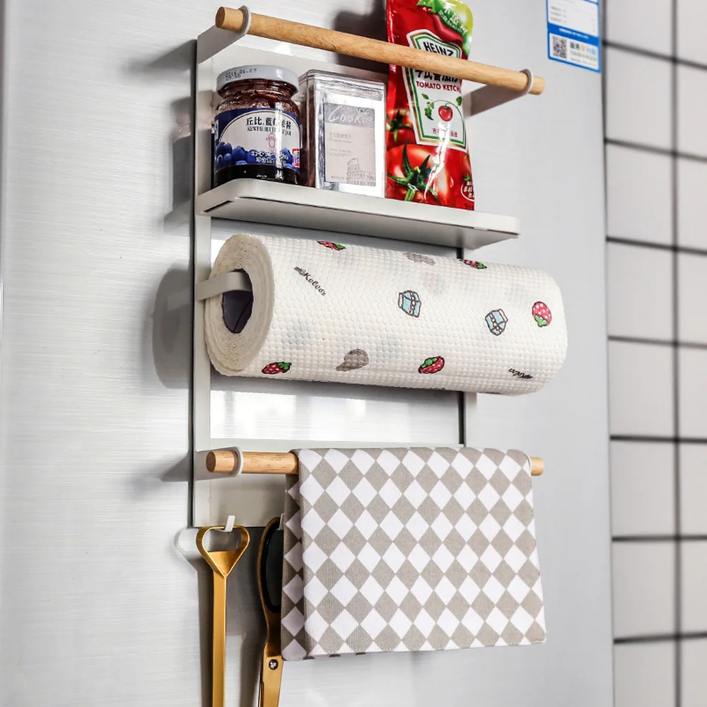 

Magnetic refrigerator multifunction shelf free punching paper towel rack seasoning rack towel holder wall hanging hook wx7021346