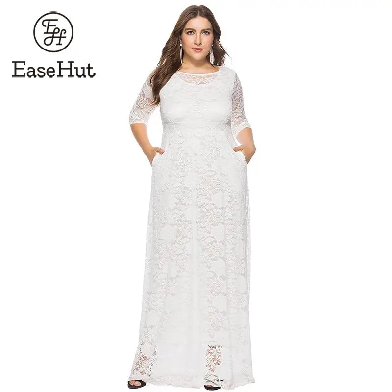 EaseHut Белое кружевное длинное платье для женщин 6XL Большой размер O-образным вырезом с боковым карманом с рукавами 3/4 Тонкое вечернее платье Элегантные черные платья макси