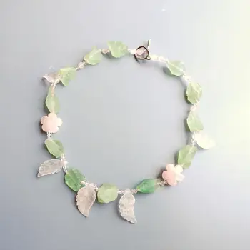 

Lii Ji Natural Green Fluorite Rose Quartzs Flowers and Leaves Toggle Clasp Necklace 50cm/20inches for Women Summer