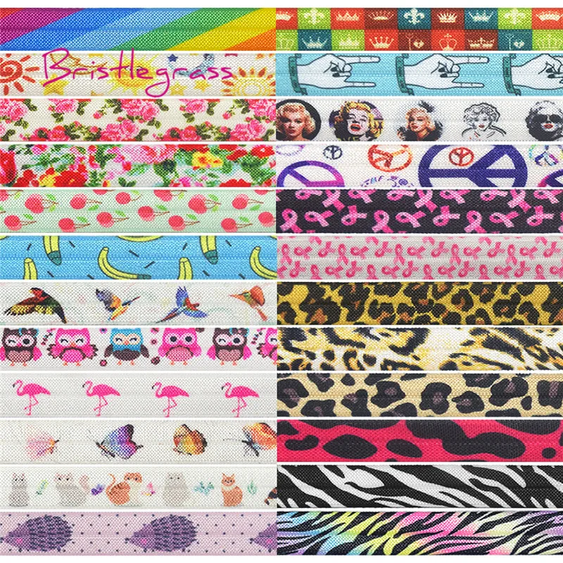 

BRISTLEGRASS 10 Yard 5/8" 15mm Owl Flamingo Leopard Rose Flower Cherry Print Foldover Elastic FOE Spandex Band Dress Sewing Trim