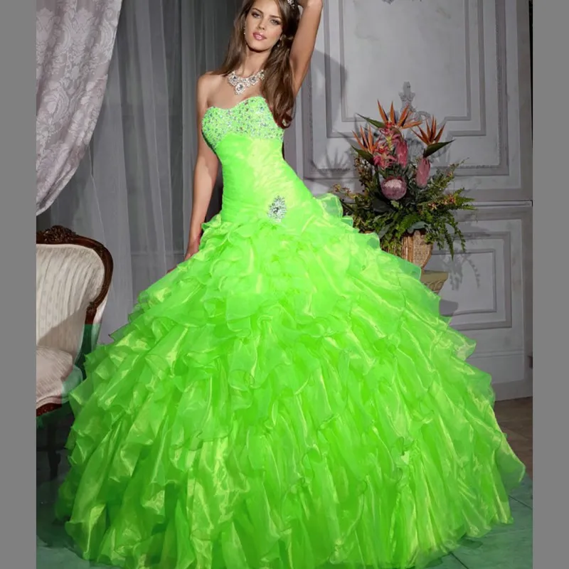 

Lemon Green Mermaid Quinceanera Dresses 2019 Cascading Ruffles Debutante Gown Beaded Sweetheart Party Dress 15 anos vestido