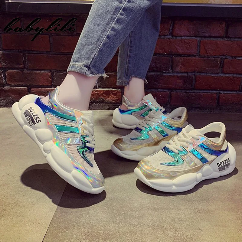 

Women Thick Sole Spell Color Sneakers Summer Ladies Platform Shoe Daddy Sneakers Laser Basketball Shoes Women Flats Sneakers