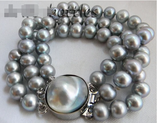 

3Strands 8'' 10mm Gray Round Freshwater Pearl Mabe Clasp Bracelet @^Noble style Natural Fine jewe SHIPPING 5.25