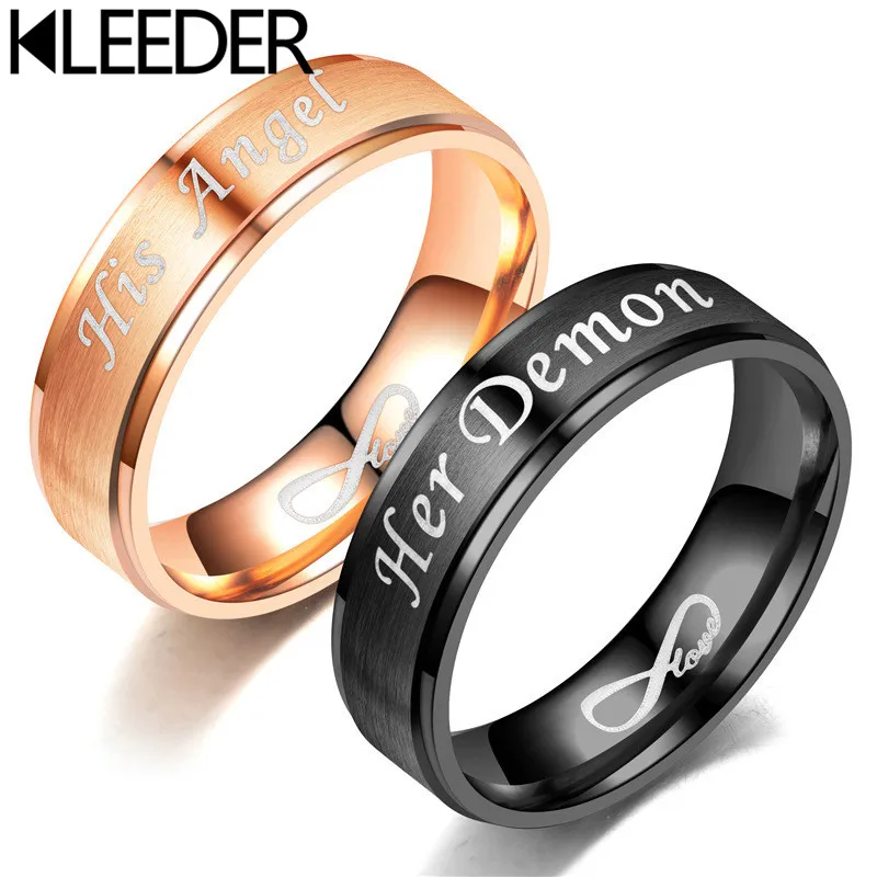 KLEEDER Stainless Titanium Steel Couple Rings Black Her Demon His Angel Lovers' Fashion Jewelry Anniversary Valentine's Day Gift