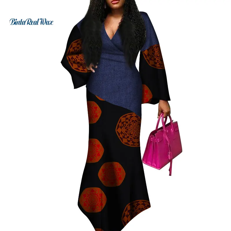 Сексуальные Платья с v-образным вырезом, африканская одежда, Дашики, африканские платья для женщин, Bazin Riche, пэчворк, принт, длинные платья WY3646