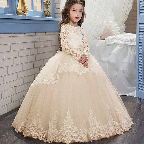 Платье с цветочным узором для девочек винтажные праздничные на заказ бальные платья-пачки принцессы с длинными рукавами для свадебных торжеств детская юбка - Цвет: Champage