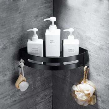 

Aluminum Black Bathroom Shelf Cosmetic Rack With Single Lever Bath Corner Basket With Hook Bathroom Storage Racks