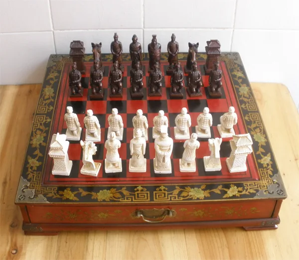 

DHL Delivery 43.5 * 43.5 * 8CM International ChessQueen Perspective Terracotta Figures Chess Antique Wooden Board Christmas Gift