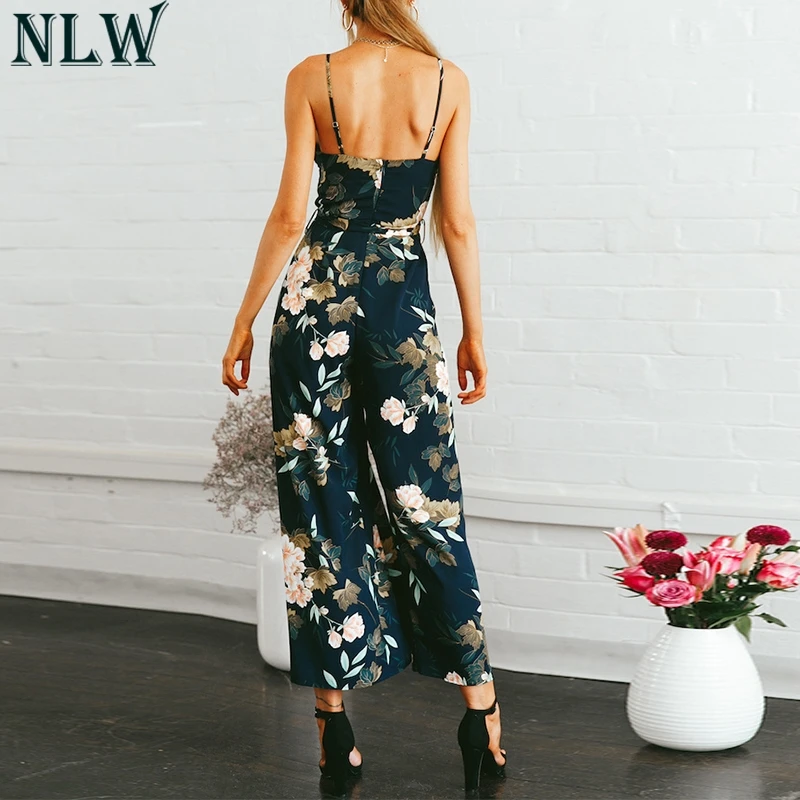 Nlw boho الأزهار طباعة بذلة الخامس الرقبة مثير الصيف رومبير 2018 النساء عالية ينتظر تقسيم الشاطئ وزرة playsuit داخلية أنيقة