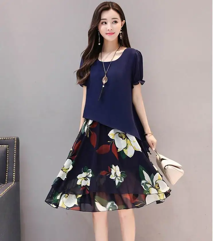 

Summer Dresses Women New Fashion Print Fake Two-piece Sexy Chiffon Dress Loose Plus Size 5XL Women Dress 3 colors