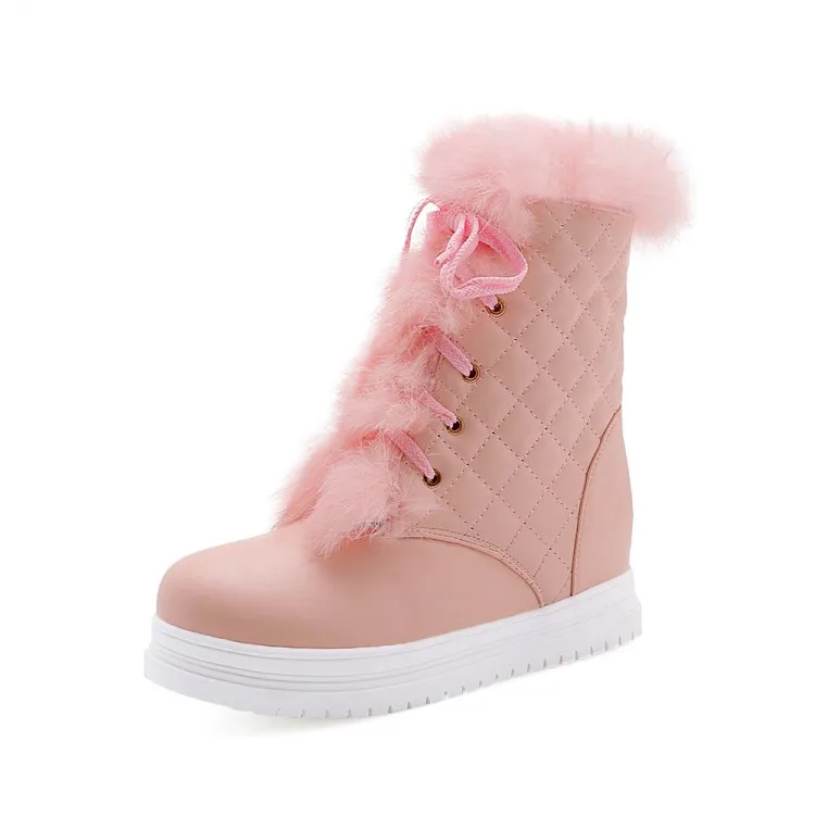 PXELENA/милые женские непромокаемые зимние ботинки на плоской платформе с мехом и плюшевой подкладкой, женская обувь, Зимние Теплые ботильоны на шнуровке, белые, розовые, размеры 34-43 - Цвет: Розовый