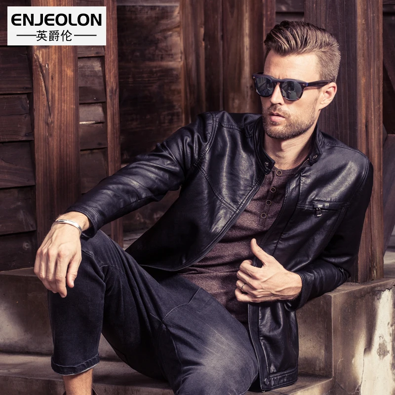 Enjeolon бренд PU мотоциклетные мужские кожаные куртки, тонкая мужская ...