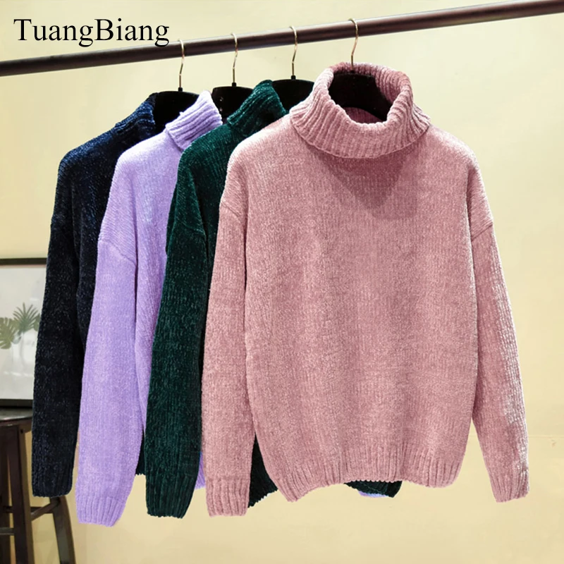 Chic Vintage Chenille Cashmere Womens Full sleeve Gold Velvet Sweaters Winter Ladies Solid Turtleneck Loose Female jumpers 2020 | Женская