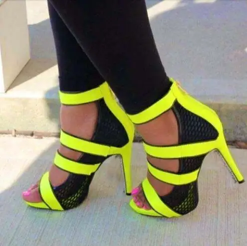 Fashion Neon Straps Women Sexy Cut Out Sandals Open Toe Ladies Mesh High Heels Summer Hot Stiletto Zipper Back Dress Shoes open back plunge cut out romper