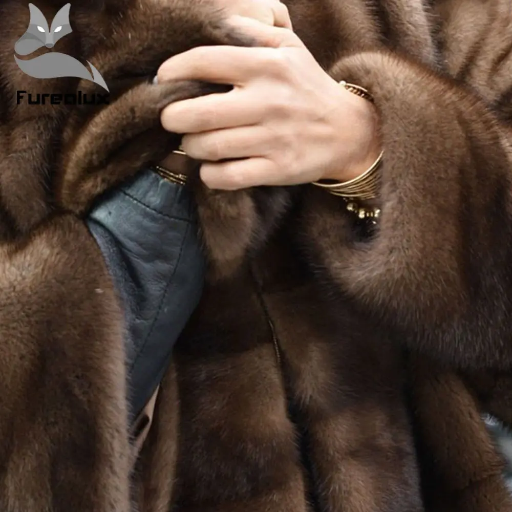 Furealux настоящая норковая шуба для женщин теплая стоячий воротник боковая молния меховые куртки рукава съемные