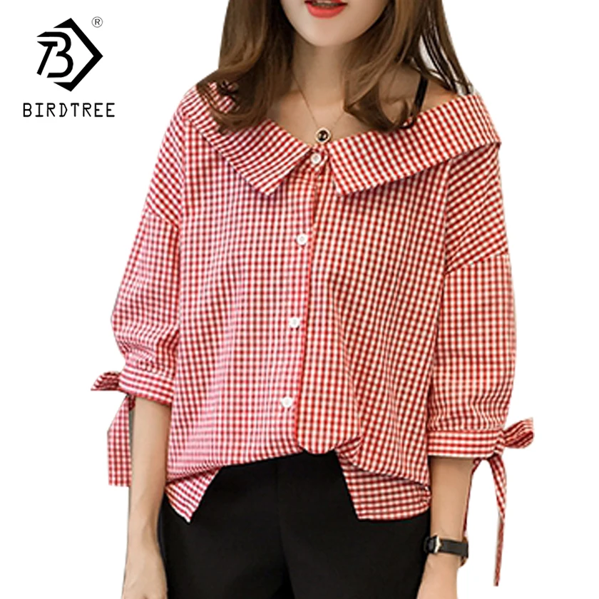 Skup Korea艅ski 2017 Moda Peter Pan Collar Loose Plaid Bluzki 艁uk 3 4 R臋kaw Bluzka Kobiety Wiosna Jesie艅 Casual Shirt Kobiet Topy t7D214A