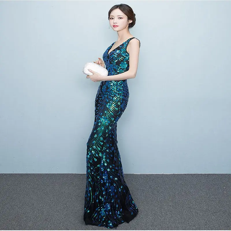 

2019 New Deep V Neck Evening Party Dress For Wedding Long Open Back Sequins Prom Gowns Sexy Sleeveless Mermaid Formal Dress