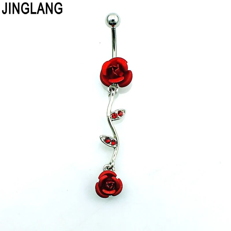 

Brand New Belly Button Rings 316L Stainless Steel Double Red Rose Navel Body Piercing Jewelry Free Shipping