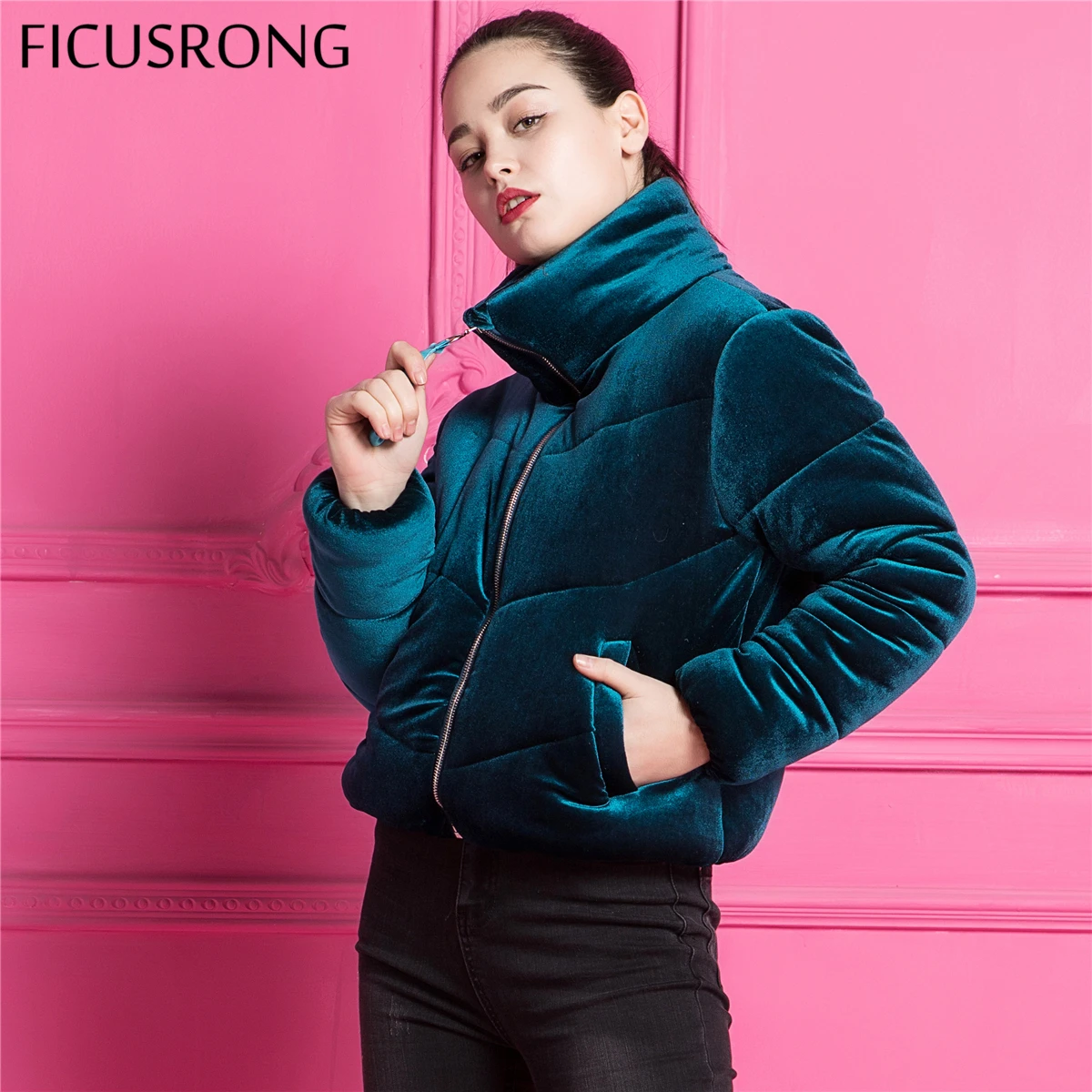 FICUSRONG Velvet cotton padded basic jacket coat Warm blue parkas jackets female 2018 new autumn winter jacket women outerwear