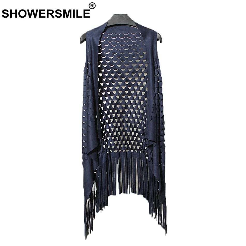 

SHOWERSMILE Hollow Out Vest Women Spring Long Sleeveless Jacket Female Navy Outwear Suede Soft Elegant Tassel Ladies Plain Gilet