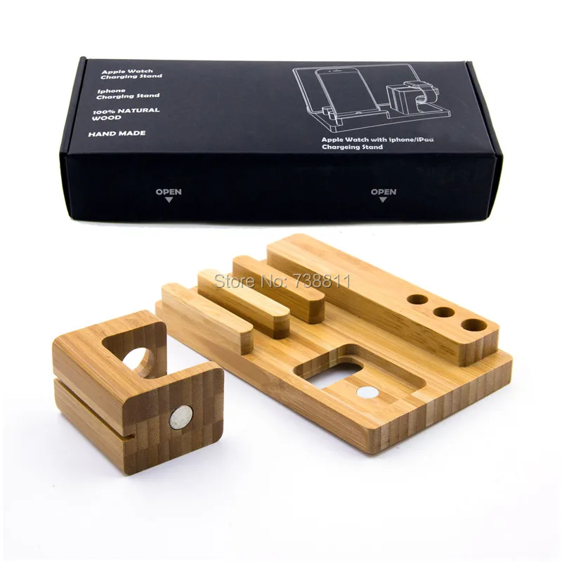 3 in 1 Wooden Desk Stand Holder Charge Dock Station For Apple iWatch iPhone iPad 2