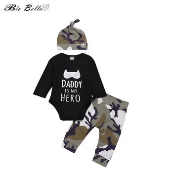 

Baby Infantil Newborn Boy's Overalls Toddler Boy Daddy Is My Hero Cartoon Fashion Outfits Bodysuit+Pants+Cap 3P Baby Clothes Set
