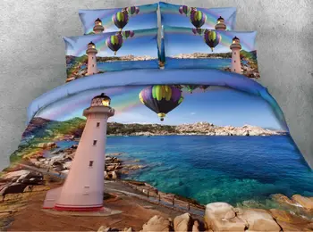 

JF-237 Kids Adult Fancy bedroom Lighthouse hot-air balloon and Rainbow matched 4pcs 3D bed cover set