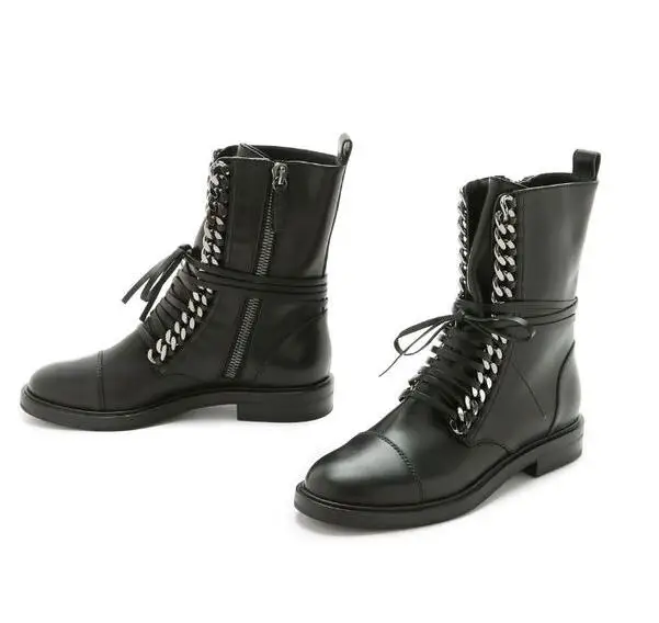 Spring Fashion Gold/Silver Chains Women Black Leather Boots Round Toe