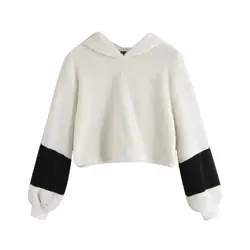 Для женщин Свободные Плюшевые свитер с капюшоном Зимний пуловер голые грудобрюшная, Короткая Толстовка H9