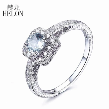 

HELON Solid 14K White Gold 4.5mm Round Cut Natural Aquamarine Genuine Diamonds Ring Art Deco Vintage Engagement Gemstone Ring