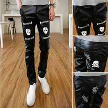 Размеры от 28 до 33! Новая мода мужские неосновные скелет головы печати PU кожаные брюки мотоцикла зауженные брюки костюмы брюки